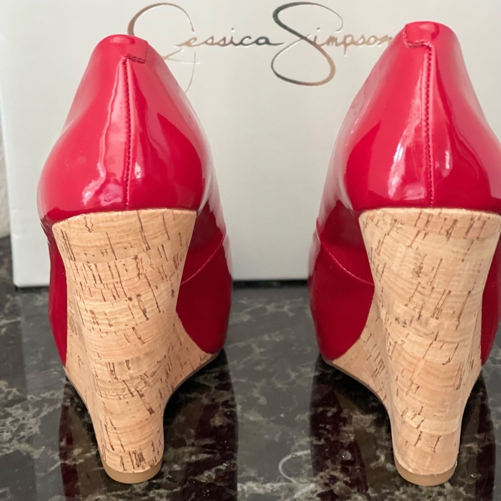 Jessica Simpson Red Patent Cork Wedge Peep Toe Heels | Size 6.5 - Picture 3 of 4